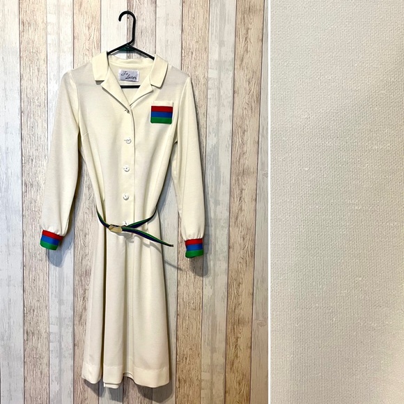 Vintage Dresses & Skirts - Vintage 1970s Rainbow Belted Dress